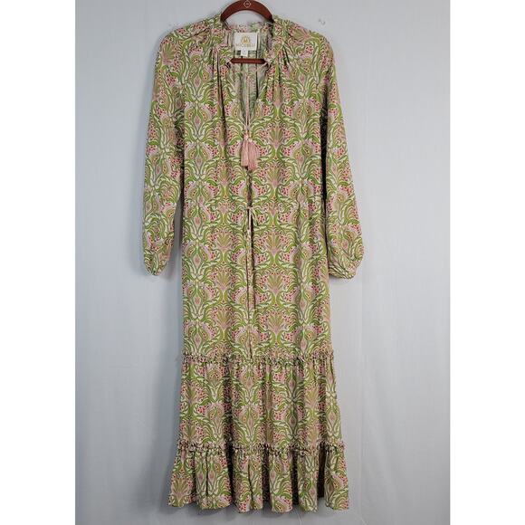 Nicoblu Mackenzie Ruffle Drawstring Dress sz M Delicate Ferns green boho tiered - Picture 1 of 9